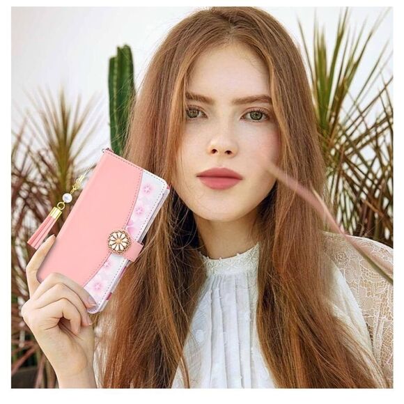 NWOT.Pink Flower PU Leather Floral Protective Phone Case Flip Cover. iPhone 15. - Picture 1 of 11
